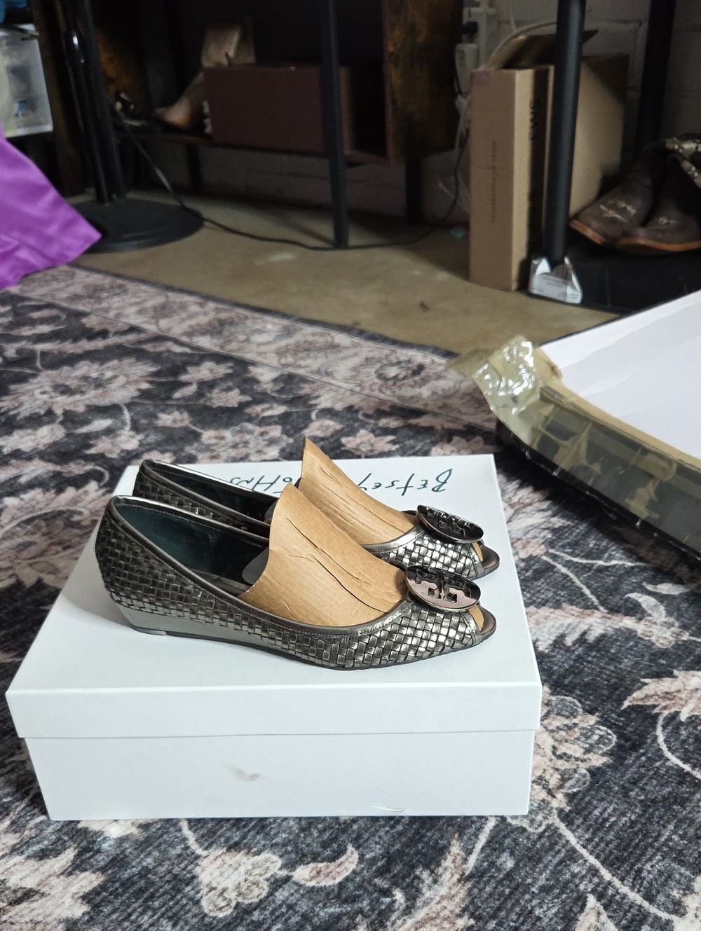 Tory Burch Metallic Bronze Woven Ballet Flats with Logo Ornament